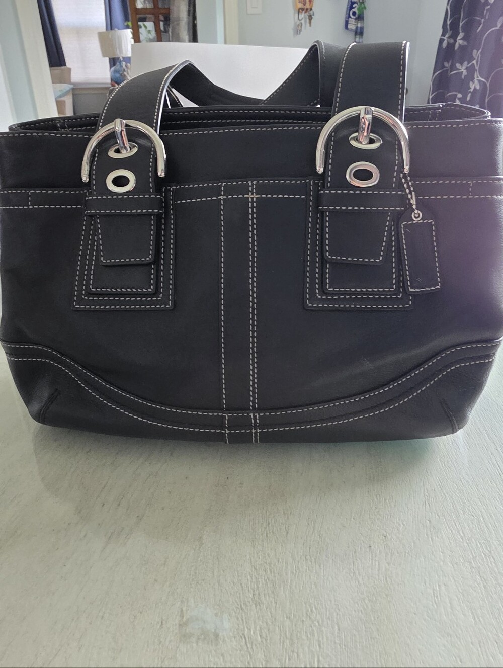 COACH Black Tote Bag with White Contrast Stitching